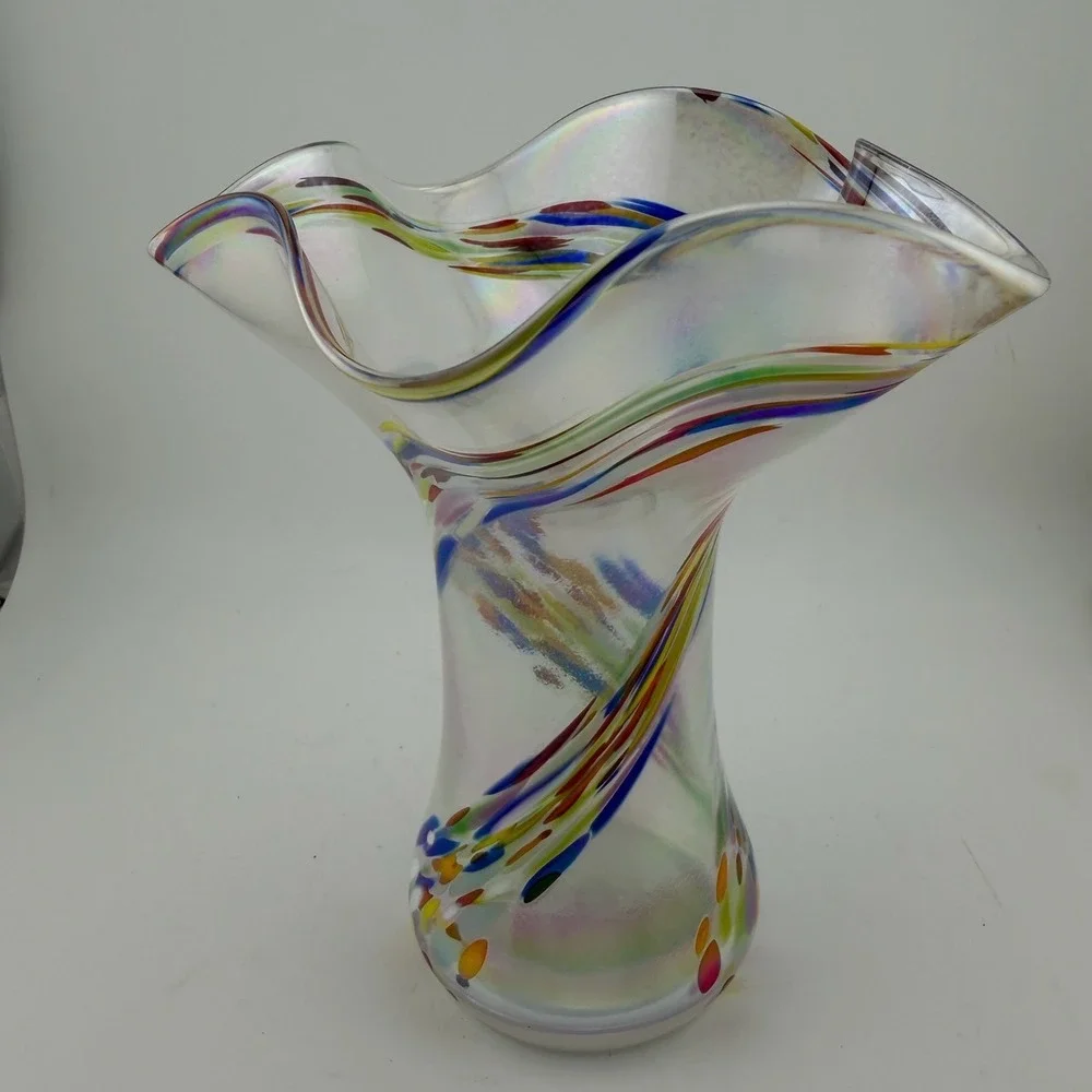 Murano Hand Blown Art Glass Vase Medium Multicolor Iridescent Ruffled Confetti
